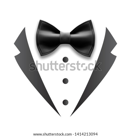 Black Details Of Man Wedding Suit Tuxedo Vector. Design Bow Tie, Collar And Buttons Elegance Accessory And Element Of Tuxedo. Gentelman Luxury Tux Costume Flat Cartoon Illustration