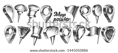 Collection Of Different Map Pointer Set Vector. Thumbtack Pushpin Pointer And Gps Location Marker In Triangle Drop Cylinder Shield And Flag Form. Designed In Vintage Style Cartoon Illustration