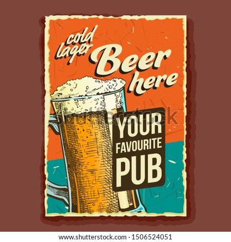 Cold Lager Beer Glass Advertising Banner Vector. Full Cup With Ice Alcoholic Liquid Beer On Promotional Poster In Vintage Style Of Favorite Pub. Beverage Grunge Textures Flat Cartoon Illustration