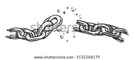 Broken Metallic Chain Freedom Concept Ink Vector. Breaking And Demolition Steel Chain. Disruption Strong Steel Engraving Template Hand Drawn In Vintage Style Black And White Illustration