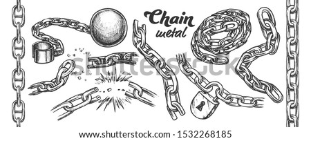 Iron Chain Monochrome Set Vector. Assortment Of Heavy Metallic Chain. Steel Tool With Ball And Padlock Engraving Concept Template Hand Drawn In Vintage Style Monochrome Illustrations