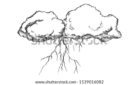 Storm Cloud With Flash Lightning Monochrome Vector. Sky Element Cloud. Cloudscape And Weather Meteorology Engraving Concept Template Hand Drawn In Vintage Style Black And White Illustration