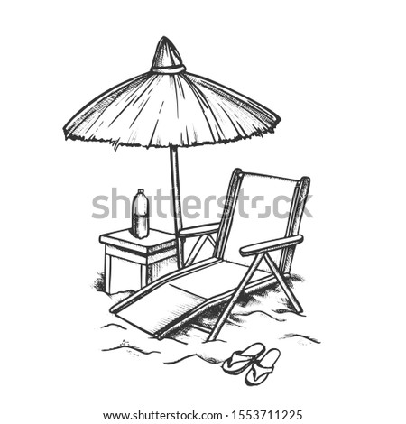 Beach Chair With Straw Umbrella Monochrome Vector. Deck Chair, Parasol, Bottle Of Water On Stool And Sneakers. Engraving Concept Mockup Hand Drawn In Vintage Style Black And White Illustration