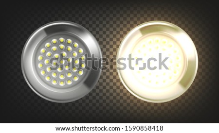 Electrical Lighting Led Light Lamp Panel Vector. Energy-saving Eco-friendly Lamp Innovation Technology With Metallic Round Frame. Office Illuminate Device Layout Realistic 3d Illustration