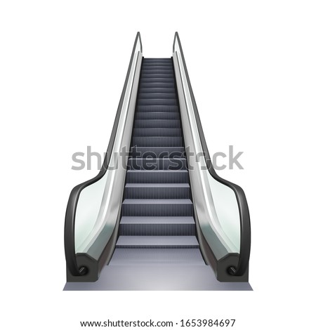 Escalator Business Center Electric Device Vector. Speed Stairway Escalator Shopping Mall Tool For Transportation Human On Next Floor. Moving Ramp Stairs Concept Mockup Realistic 3d Illustration