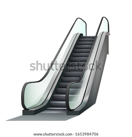 Escalator Airport Electronic Equipment Vector. Speed Stairway Escalator Tool For Transportation Human On Next Floor. Electric Moving Ramp Stairs Concept Template Realistic 3d Illustration