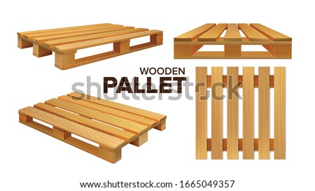 Wooden Pallet Different Size Collection Set Vector. Pallet Skid Flat Transport Structure For Transportation, Storaging And Protecting Delivery Goods. Concept Layout Realistic 3d Illustrations