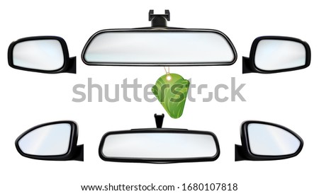 Car Rearview Mirrors With Air Freshener Set Vector. Collection Of Inside And Outdoor Rear-view Mirrors With Flavor Accessory. Automobile Equipment For Safety Parking Template Realistic 3d Illustration