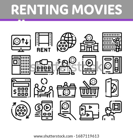 Renting Movies Service Collection Icons Set Vector. Renting Movies Store, Internet Online Watching And Download, Compact Disk And Reel Concept Linear Pictograms. Monochrome Contour Illustrations