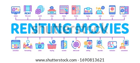 Renting Movies Service Minimal Infographic Web Banner Vector. Renting Movies Store, Internet Online Watching And Download, Compact Disk And Reel Illustrations