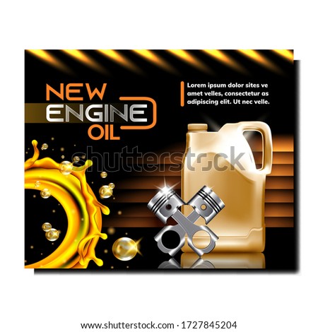 Car Service Station Promotional Poster Vector. Engine Oil Blank Canister, Golden Lubrication Liquid Splash And Metallic Car Engine Detail Cylinders. Auto Repair Template Realistic 3d Illustration