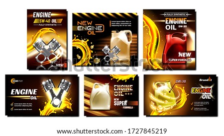 Engine Oil Car Repair Service Posters Set Vector. Collection Of Different Creative Advertise Banners With Car Engine Detail Cylinder, Motor Oil Container And Splash Mockup Realistic 3d Illustrations