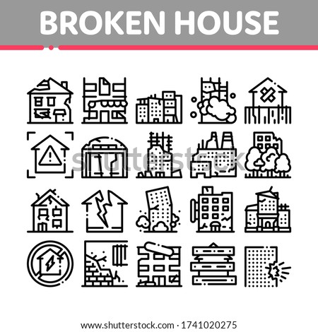 Broken House Building Collection Icons Set Vector. Crashed And Abandoned Building, Demolition Damaged Construction And Plant, Concept Linear Pictograms. Monochrome Contour Illustrations
