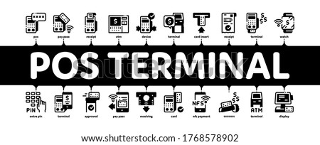 Pos Terminal Device Minimal Infographic Web Banner Vector. Bank Terminal And Atm, Smartphone Nfc Pay System Application And Watch Pin Code And Money Illustration