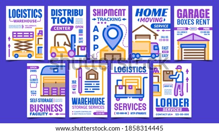 Warehouse Services Promotion Posters Set Vector. Logistics Warehouse And Distribution Center, Shipment Tracking App And Home Moving Advertising Banners. Concept Template Style Color Illustrations