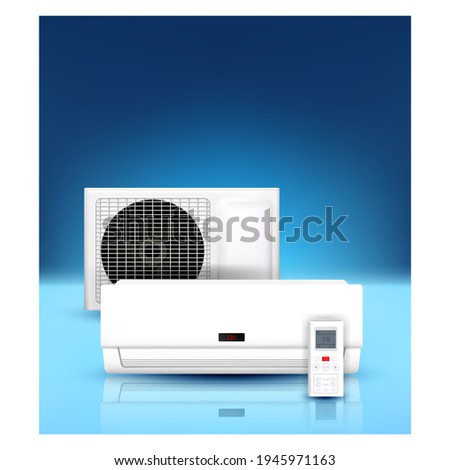 Air Conditioner Repair Service Promo Banner Vector. Ac System Repair, Installation And Replacement. Remote Control External And Indoor Block. Climatic Technology Template Realistic 3d Illustration