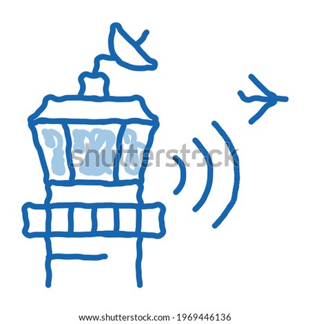 Airport Control Tower Radar sketch icon vector. Hand drawn blue doodle line art Air Flight Controller Tower Concept Linear Pictogram. Technical Block sign. isolated symbol illustration