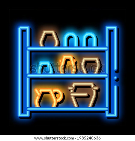 cupboard with clay products neon light sign vector. Glowing bright icon cupboard with clay products sign. transparent symbol illustration
