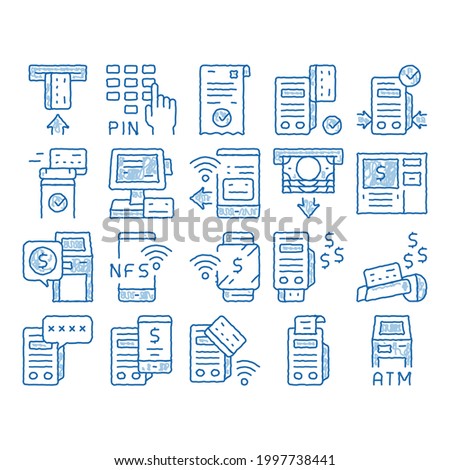 Pos Terminal Device sketch icon vector. Hand drawn blue doodle line art Bank Terminal And Atm, Smartphone Nfc Pay System Application And Watch Pin Code And Money Illustrations