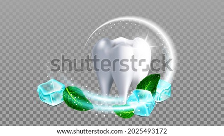Tooth Brush Aroma Mint Leaf And Fresh Paste Vector. White Health Tooth Brushing Aromatic Toothpaste, Plant And Cold Ice Cubes. Mouth Hygiene Treatment Template Realistic 3d Illustration