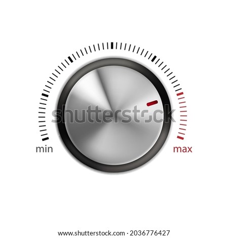 Dial Knob Electronic Equipment Control Part Vector. Min And Max Sound Level Dial Knob Controller With Circular Processing. From Minimum To Maximum Scale Template Realistic 3d Illustration