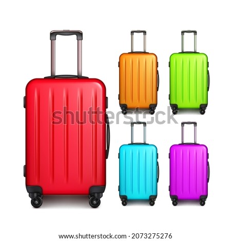 Luggage suitcase travel bag vector. Journey baggage case. vacation tourist bag. Wheel airport carry briefcase. plastic voyage trolley with handle. 3d realistic illustration