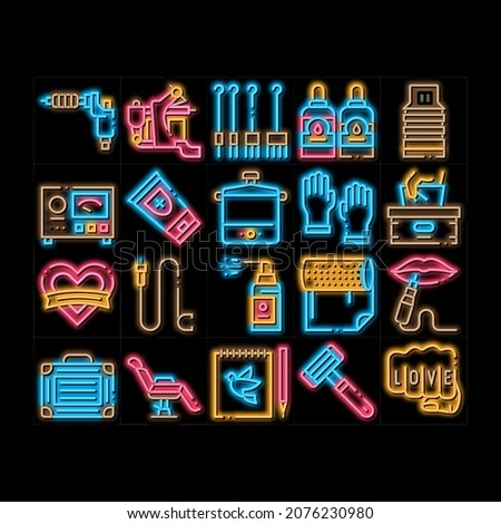 Tattoo Studio Tool neon light sign vector. Glowing bright icon  Tattoo Studio Machine And Razor Equipment, Chair And Case, Cream And Ink Bottles Illustrations