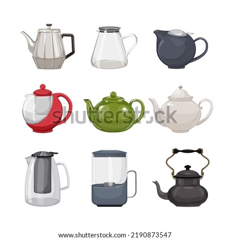 teapot tea kettle set cartoon. vintage glass, teacup pot, kitchen tableware, pottery teapot tea kettle vector illustration