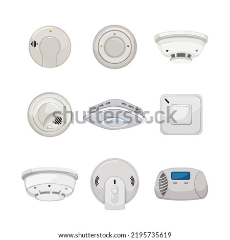 smoke detector set cartoon. fire alarm, sensor home, safety system, house monoxide, ceiling smoke detector vector illustration