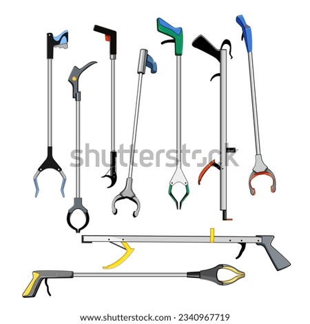 grabber tool set cartoon. trash hand, stick device, equipment grab grabber tool sign. isolated symbol vector illustration