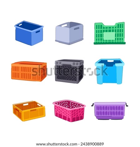 plastic crate set cartoon. view vegetable, basket bin, fish grocery plastic crate sign. isolated symbol vector illustration