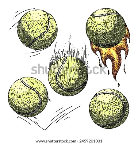 tennis ball set hand drawn. racket green, tenis object, macro view tennis ball vector sketch. isolated color illustration