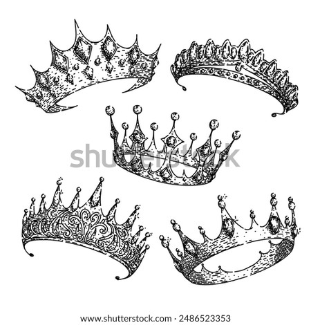 crown queen set hand drawn. royal prince, symbol gold, golden set crown queen vector sketch. isolated black illustration