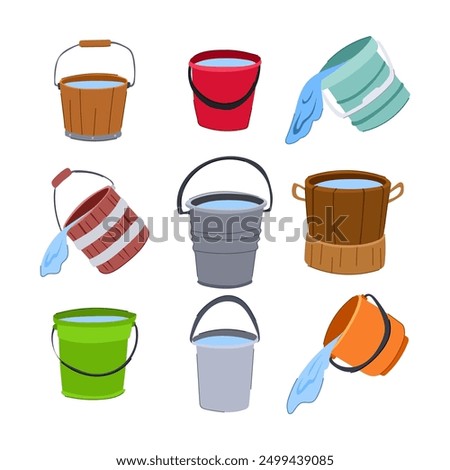 bucket water set cartoon. plastic container, blue metal, clean full bucket water sign. isolated symbol vector illustration