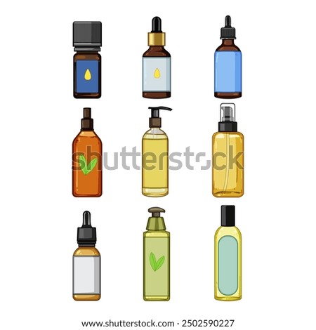 massage oil set cartoon. aromatherapy treatment, beauty therapy, health plant massage oil sign. isolated symbol vector illustration