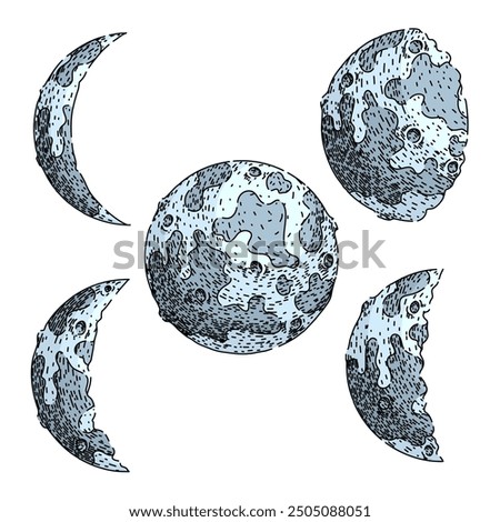 moon set hand drawn. phases orbit, tides surface, exploration landing moon vector sketch. isolated color illustration