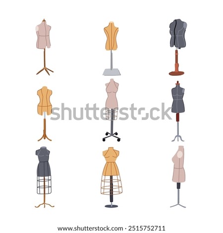 mannequin tailor set cartoon. garment dressform, alterations bespoke, couture stitching mannequin tailor sign. isolated symbol vector illustration