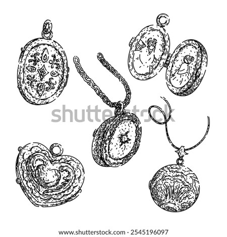 locket set hand drawn. antique jewelry, charm necklace, retro classic locket vector sketch. isolated black illustration