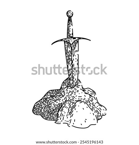 camelot sword stone hand drawn. magic knights, destiny prophecy, britain medieval camelot sword stone vector sketch. isolated black illustration