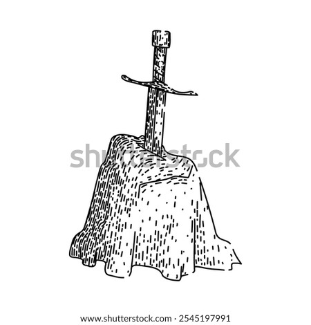 myth sword stone hand drawn. merlin camelot, magic knights, destiny prophecy myth sword stone vector sketch. isolated black illustration