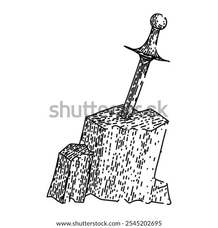 arthur sword stone hand drawn. legend myth, merlin camelot, magic knights arthur sword stone vector sketch. isolated black illustration