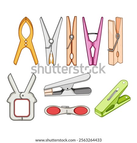 clothespin set cartoon. peg wooden, plastic grip, line secure clothespin sign. isolated symbol vector illustration