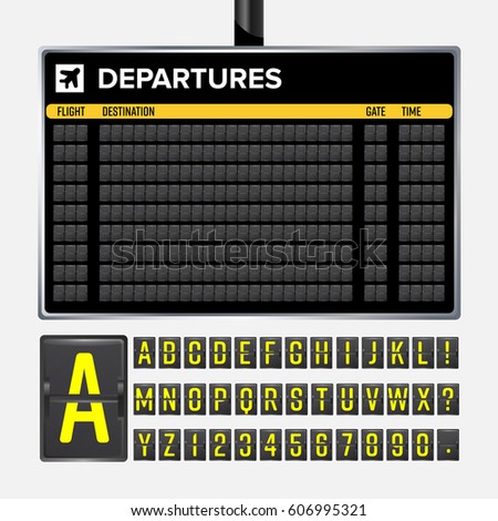 Airport Board Vector. Realistic flip scoreboard template. Black Airport 3d  with alphabet and numbers. Information analog panel. Destination time. travel Illustration