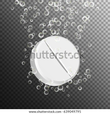 Soluble Drug With Fizzy Isolated On Checkered Background. Vector Illustration. Vitamin In Water Effervescent, Three Dissolving Tablets. 3D Realistic Illustration