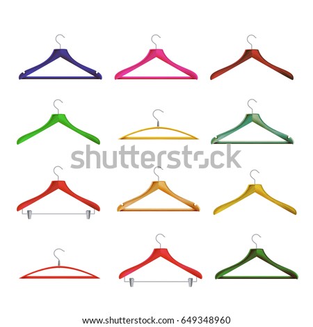 Wooden Clothes Hangers Vector. Different Clothes Hangers Isolated On White Background. Collection Includes Wooden, Plastic, Metallic Modern Coat Hangers.
