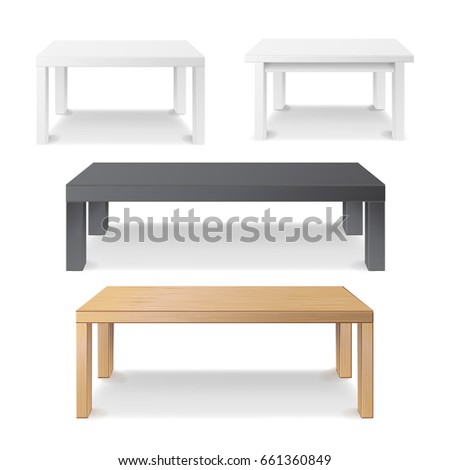 Empty Table Set Vector. Wooden, Plastic, White, Black. Isolated Furniture, Platform. Realistic Vector Illustration.