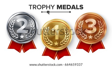Gold, Silver, Bronze Medals Set Vector. Metal Realistic Badge With First, Second, Third Placement Achievement. Round Label With Red Ribbon. Winner Prize. Competition Game Golden, Silver, Bronze Trophy