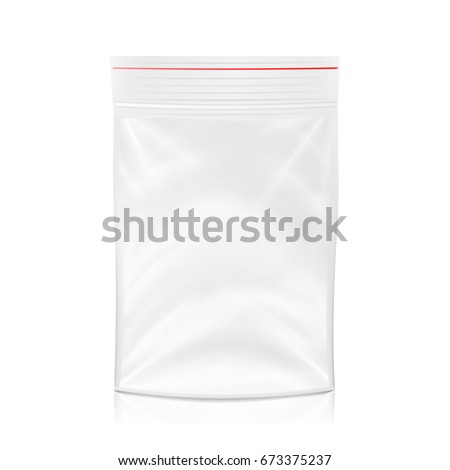 Plastic Polyethylene Pocket Bag Vector Blank. Realistic Mock Up Template Of Plastic Pocket Bag With Zipper, Zip lock. Clean Hang Slot, Pouch Packaging. Isolated Illustration
