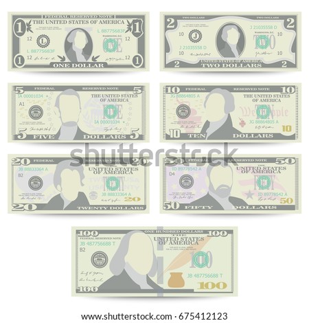 Dollars Banknote Set Vector. Cartoon US Currency Dollar. 10, 20 Front Side Of American Money Bill Isolated Illustration. Cash Dollar Symbol. Every Denomination Of US Currency Note.
