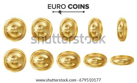 Euro 3D Gold Coins Vector Set. Realistic Illustration. Flip Different Angles. Money Front Side. Investment Concept. Finance Coin Icons, Sign, Success Banking Cash Symbol. Currency Isolated On White